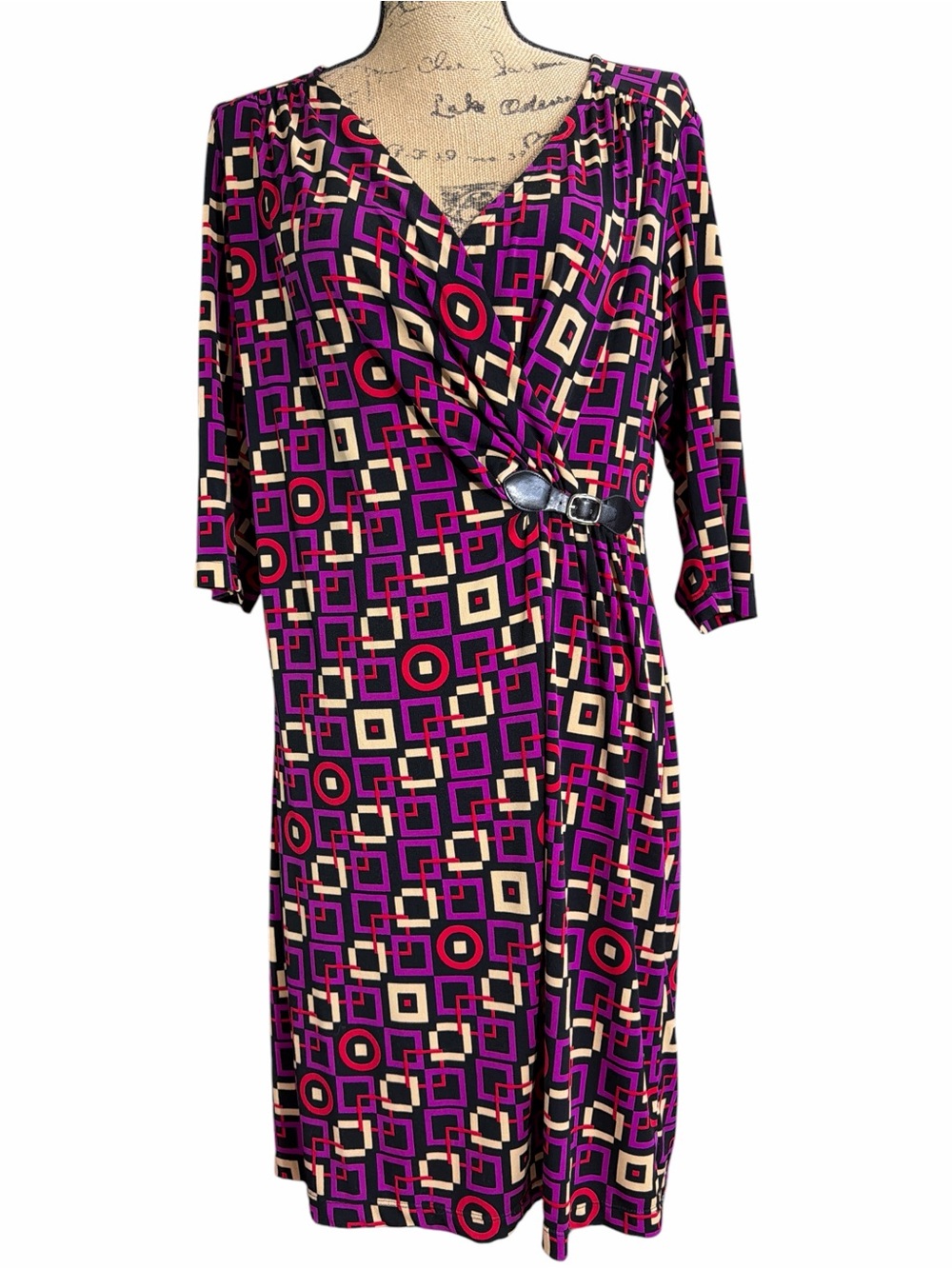 Robbie Bee Petite Purple Geometric Wrap-Style Midi Dress EC. Size PXL
